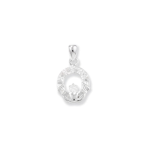 Claddagh Clear Stone CZ Pendant - Sterling Silver