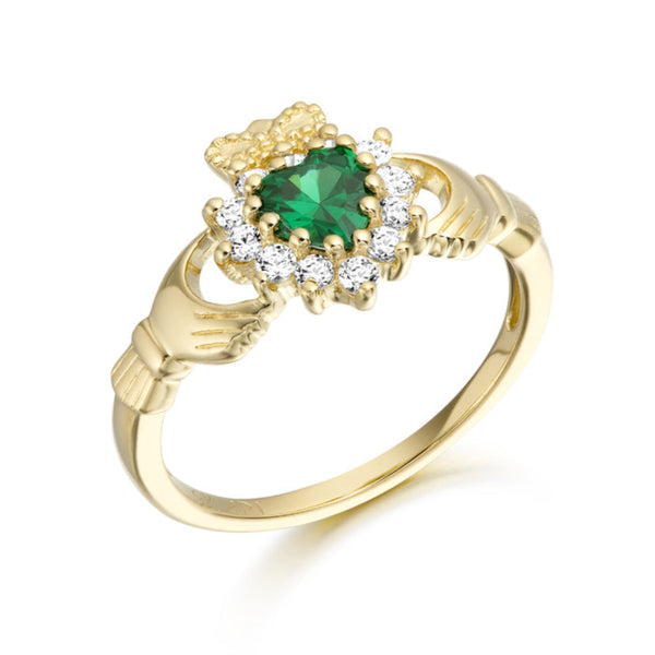 Cubic Zirconia & Emerald Stones Claddagh Ring - 9ct Yellow Gold