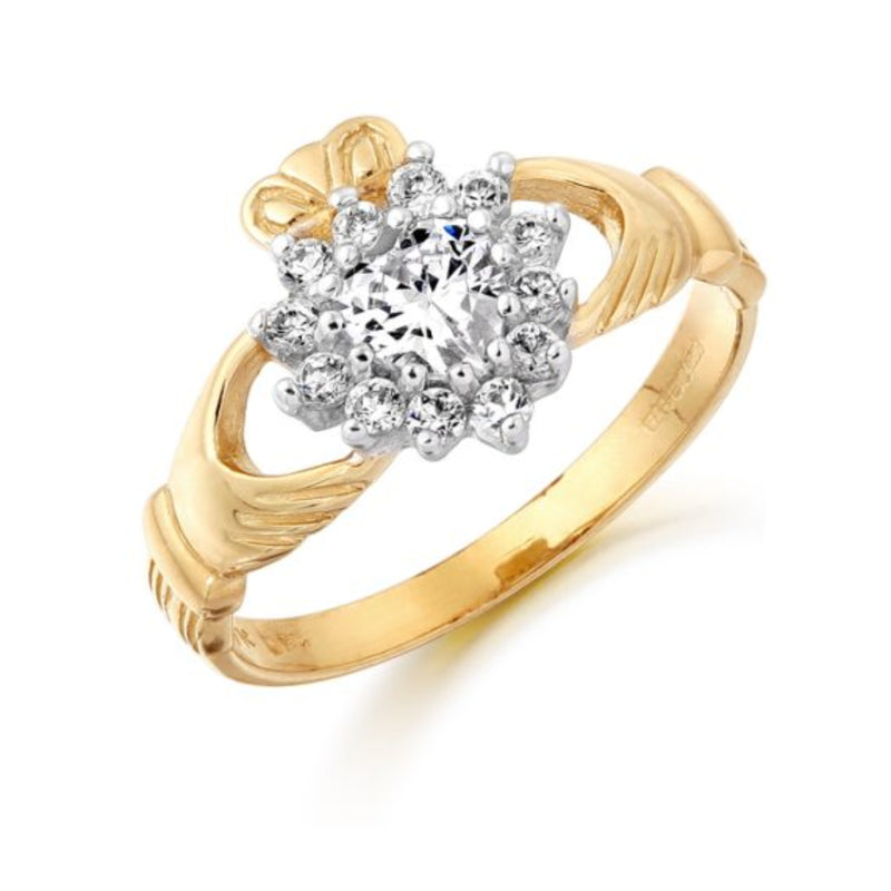 Cubic Zirconia Claddagh Ring - 9ct Yellow Gold