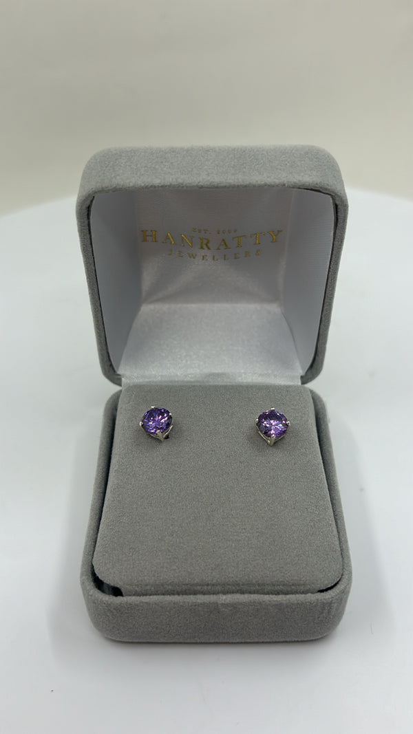 Amethyst CZ Cast Stud Earrings 6mm - Sterling Silver
