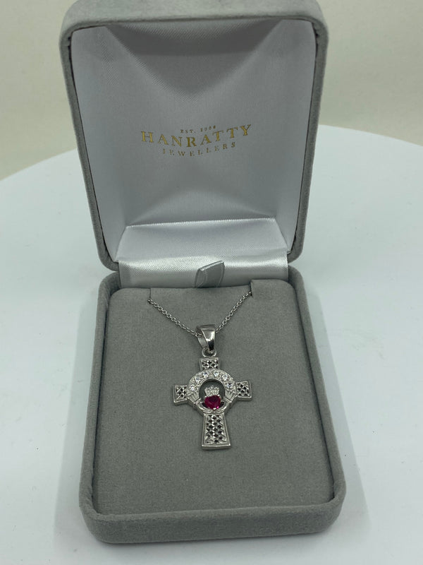 Ruby & CZ Stone Celtic Cross Necklace - Sterling Silver