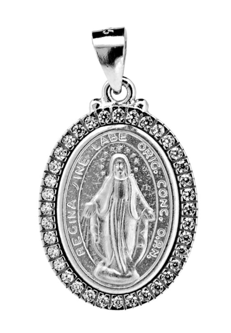 Miraculous Medal Pendant CZ - Sterling Silver