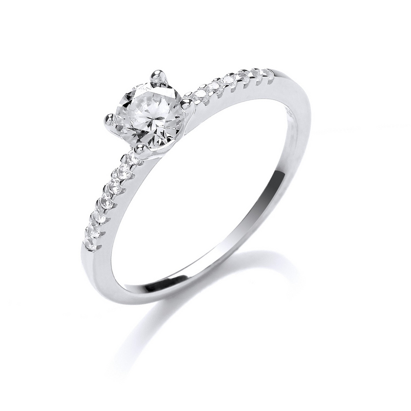 Silver Solitare With Cz Shoulder Ring