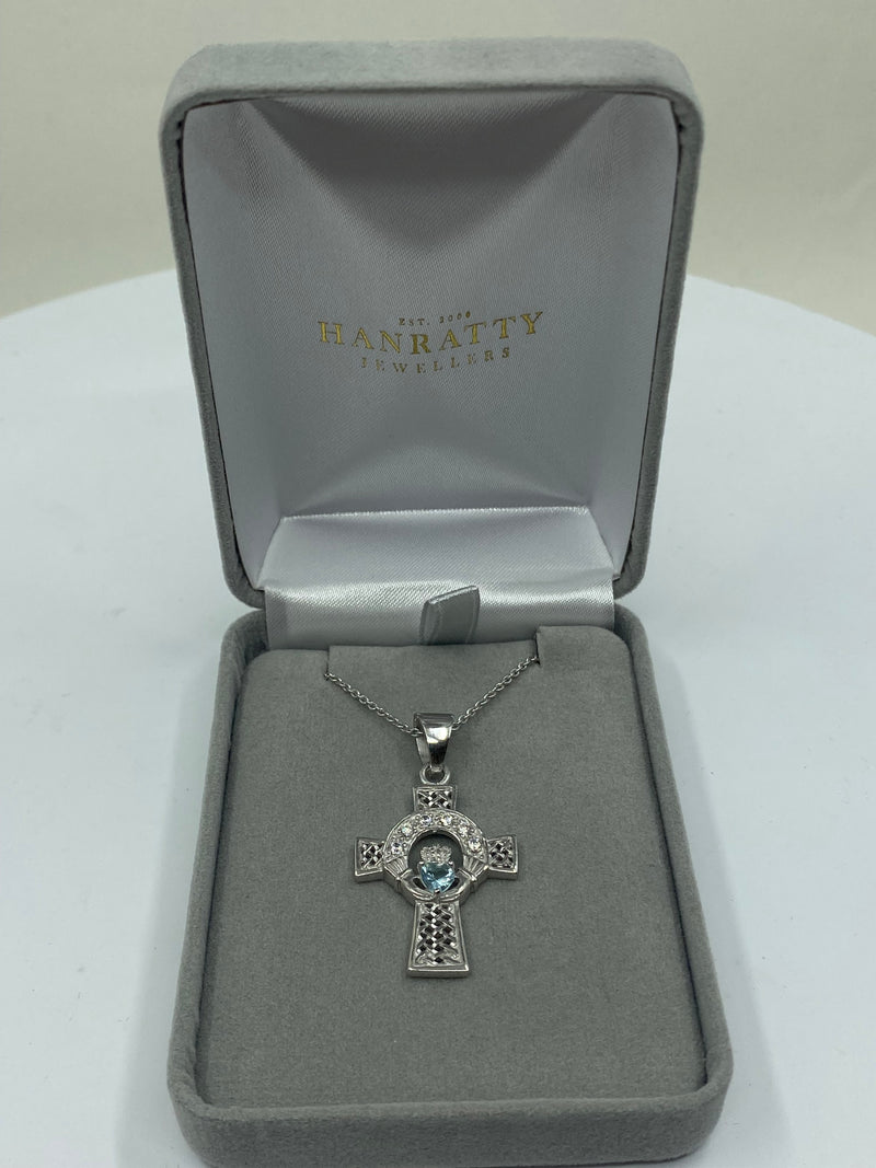 Aquamarine & CZ Stone Celtic Cross Necklace - Sterling Silver
