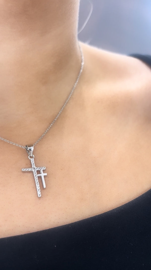 CZ Double Cross Necklace - Sterling Silver