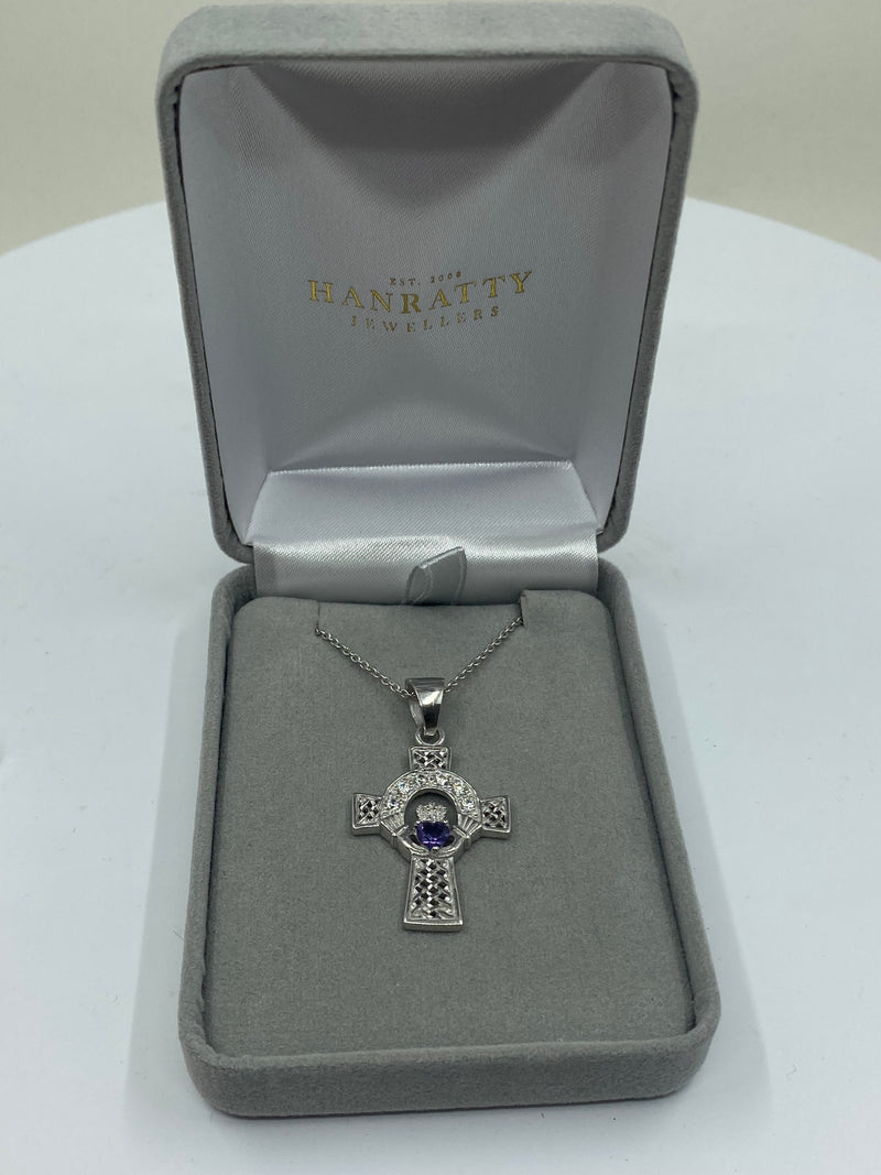 Amethyst & CZ Stone Celtic Cross Necklace - Sterling Silver