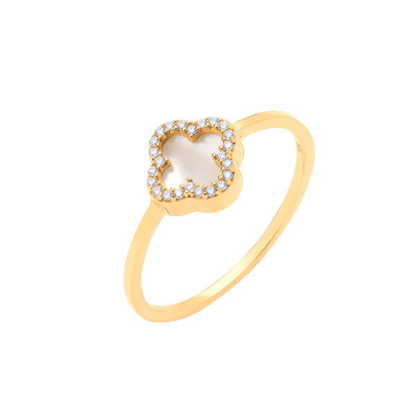 Four Leaf Clover CZ Ring Mother of Pearl 9ct Gold Alhambra motif van cleef designer inspired 