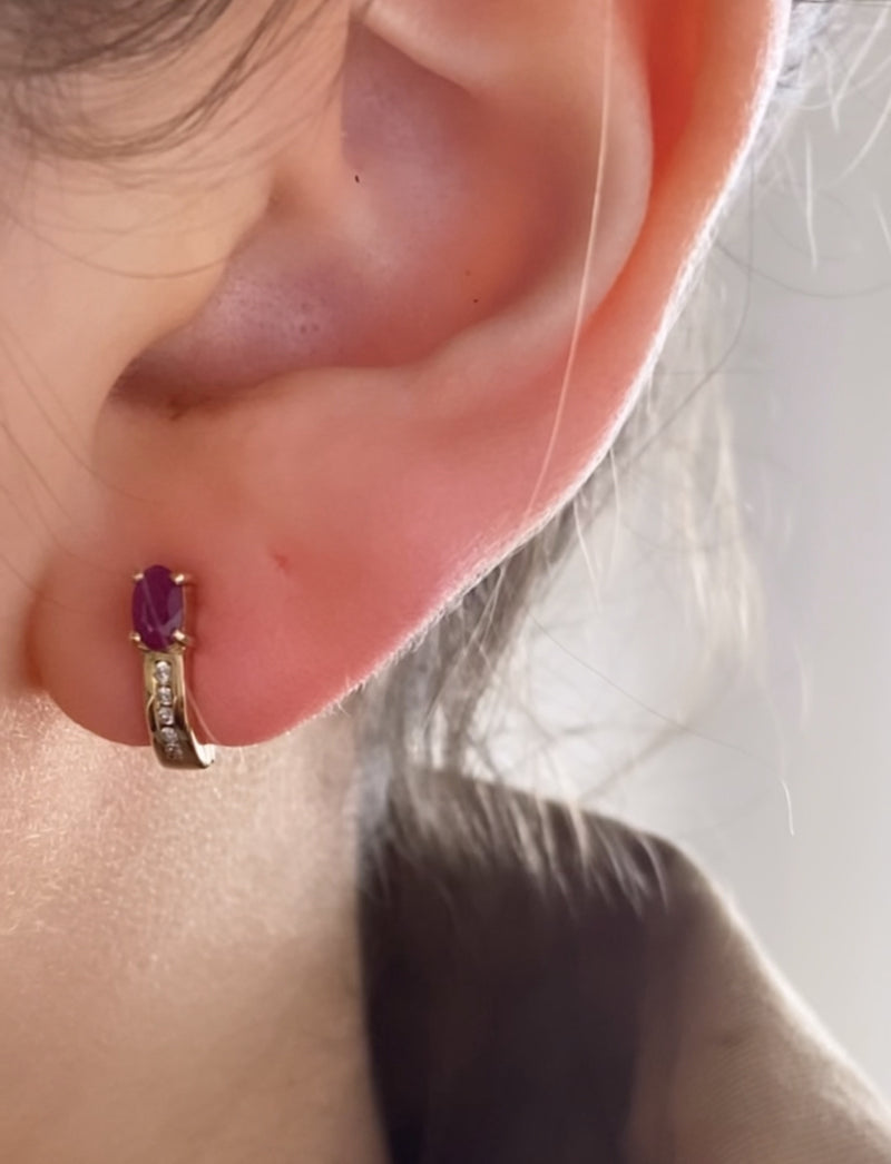 Diamond & Ruby Stone Hoop Earrings - 9ct Yellow Gold