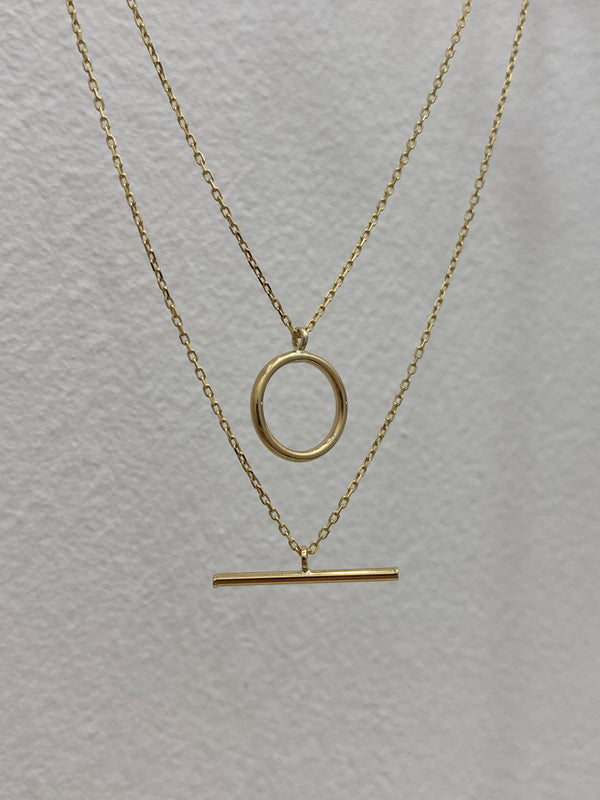 Open Circle & T-Bar Double Row Necklace - 9ct Gold