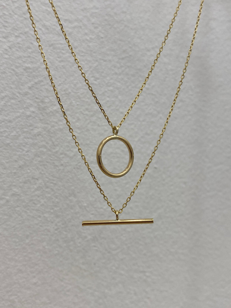 Open Circle & T-Bar Double Row Necklace - 9ct Gold