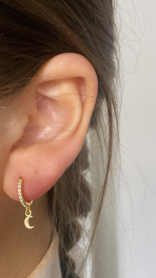 CZ & Moon Hoop Earrings - Sterling Silver Gold Plated