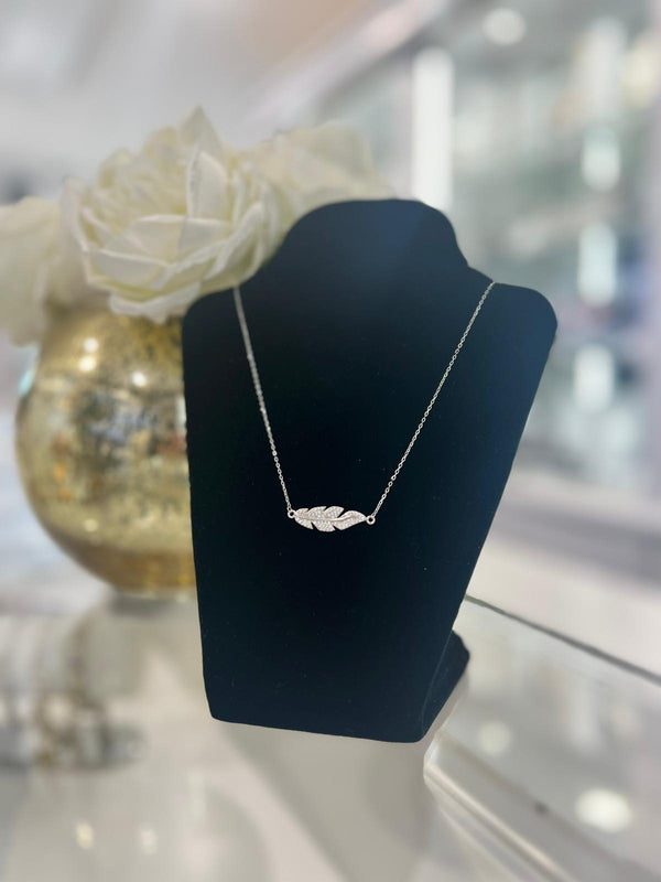 Feather Necklace with CZ - Sterling Silver