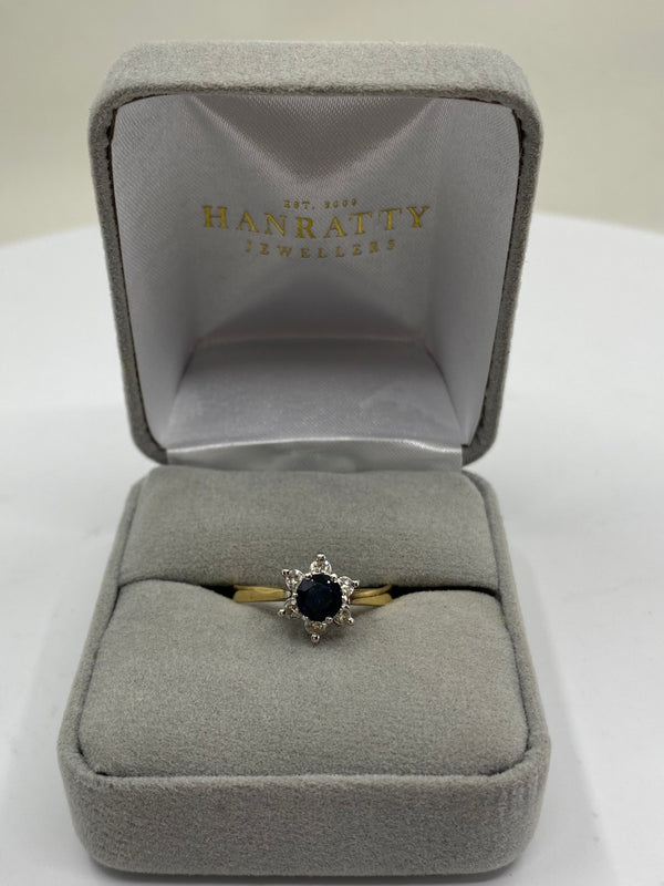 Sapphire & Diamond Cluster Halo Ring - 18ct Gold