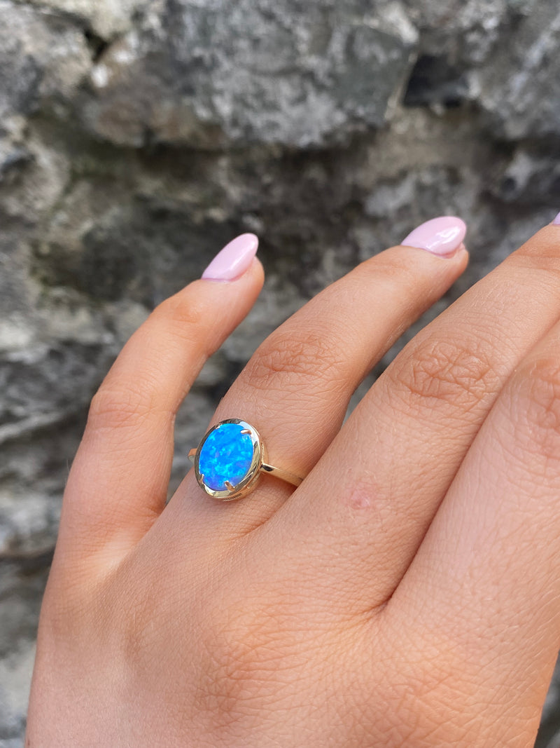 Blue Opal Dress Ring - 9ct Yellow Gold