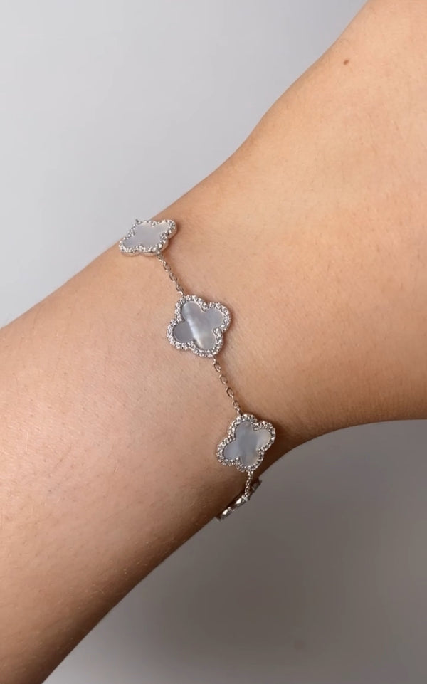 ONYX & Mother Of Pearl CZ Clover Bracelet - Sterling Silver