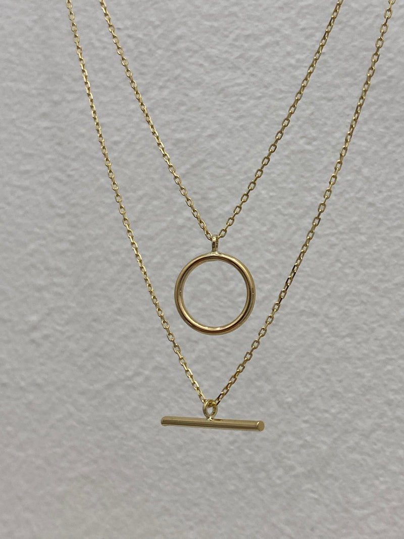 Open Circle & T-Bar Double Row Necklace - 9ct Gold