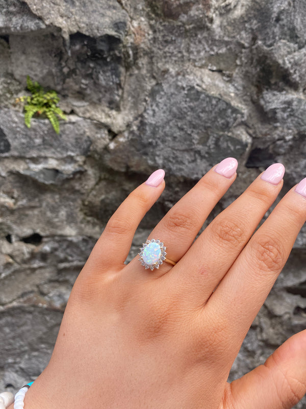 Opal & CZ Cluster Ring - 9ct Yellow Gold
