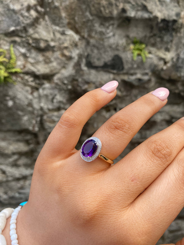 CZ Amethyst Cluster Ring - 9ct Yellow Gold