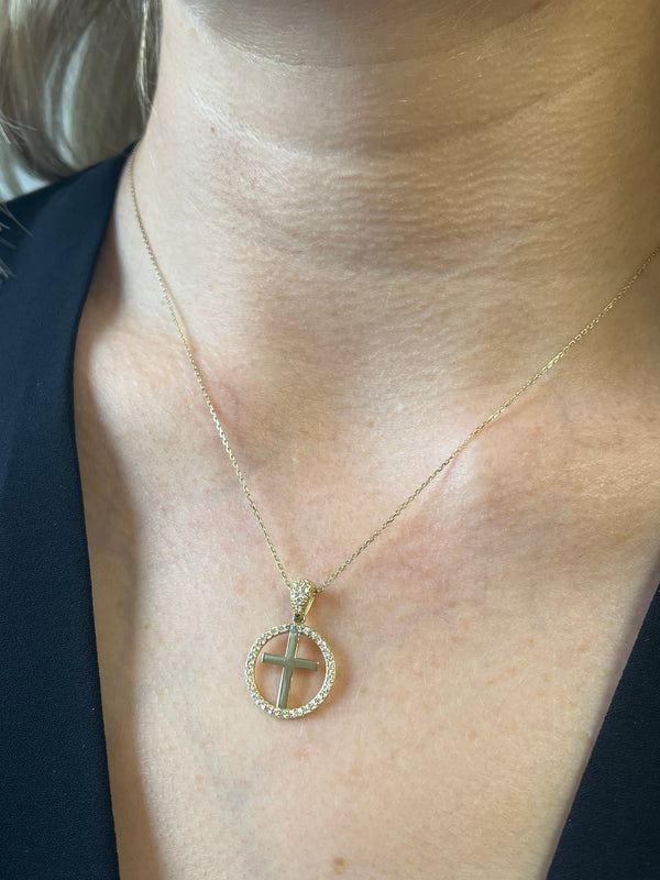 CZ Circular Cross Necklace - 9ct Yellow Gold