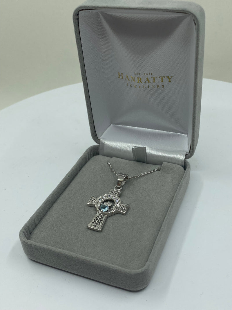 Aquamarine & CZ Stone Celtic Cross Necklace - Sterling Silver