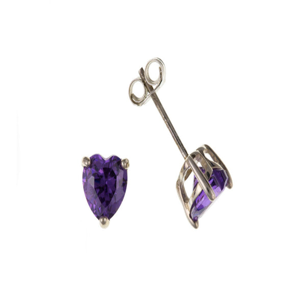 Silver Amethyst CZ Cast Heart Stud Earrings