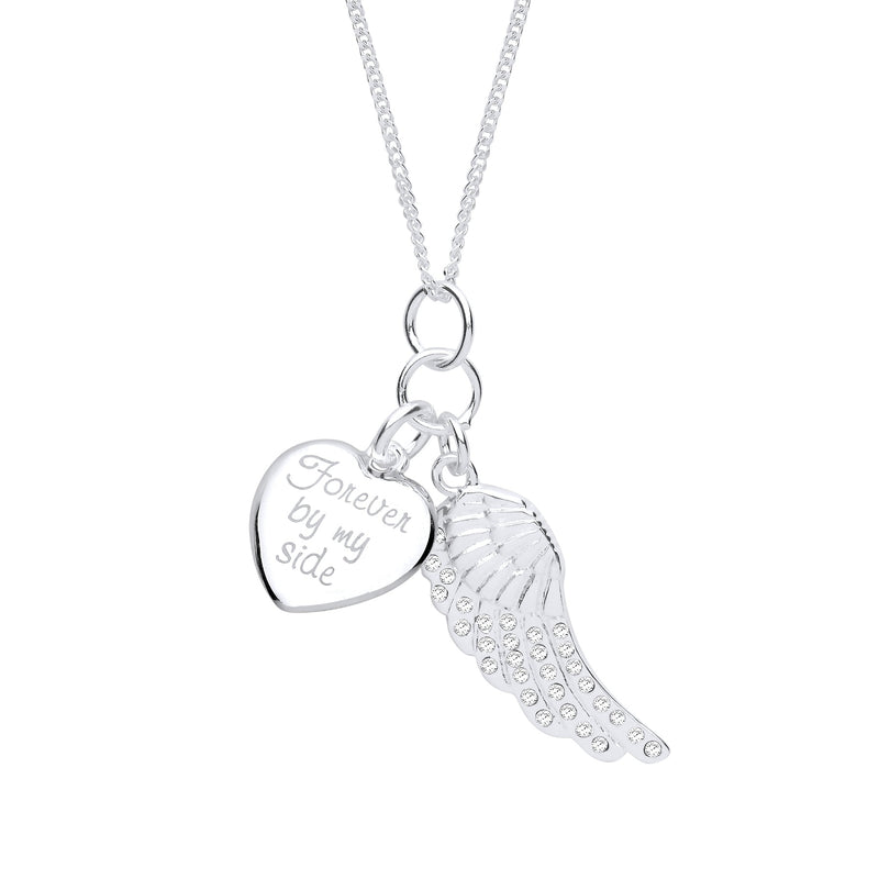Silver Cz Wing/Engraved Heart Pendant & Chain