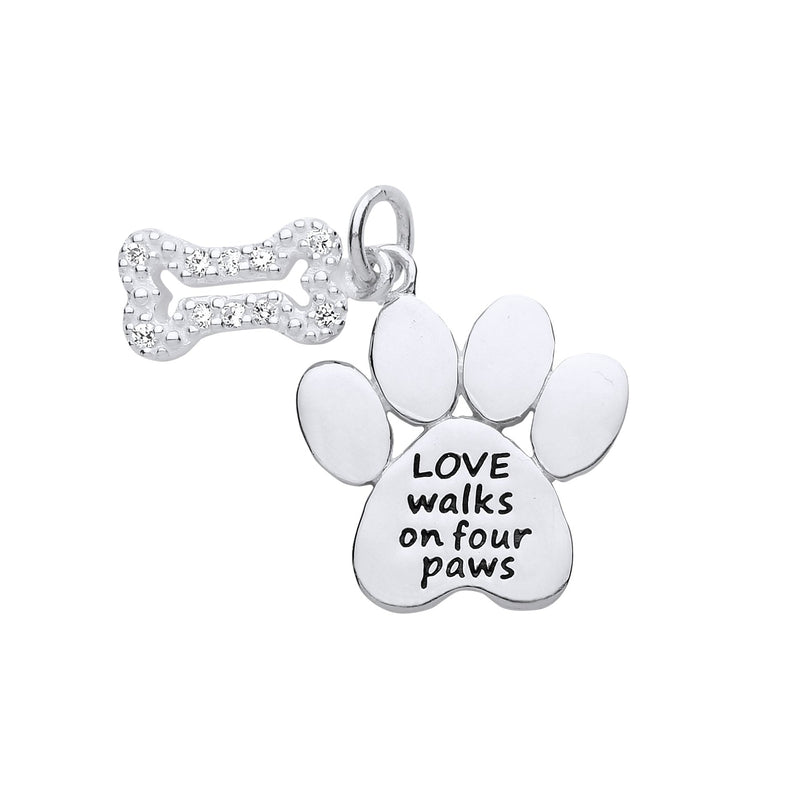 Silver CZ Dog Bone & Paw Pendant