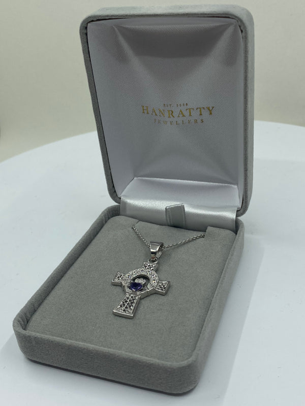 Amethyst & CZ Stone Celtic Cross Necklace - Sterling Silver