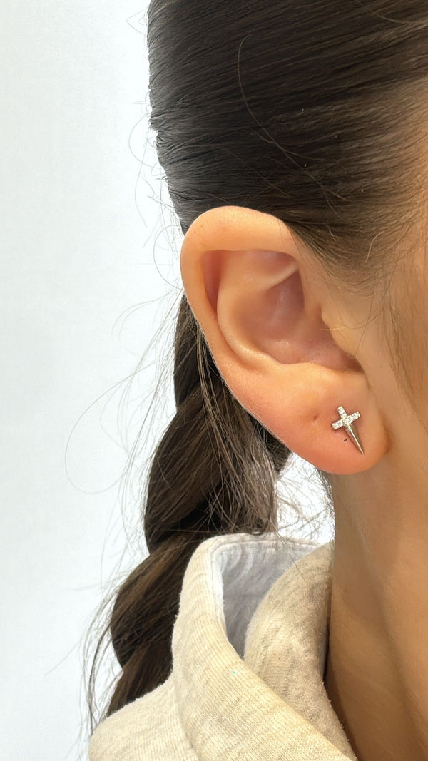 CZ Cross Stud Earrings - Sterling Silver