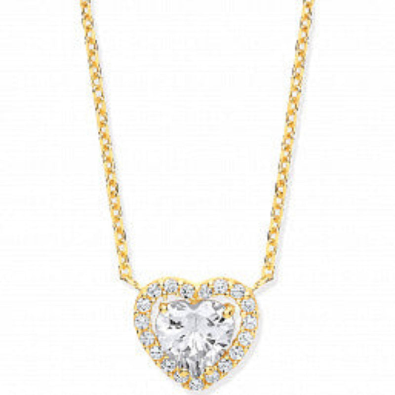 Heart Halo Style Cubic Zirconia Necklace - 9ct Yellow Gold