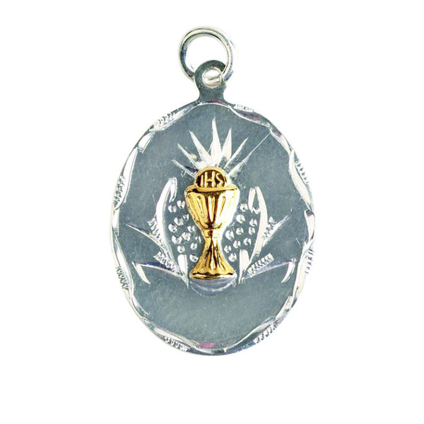 Oval shaped Two Tone Communion Medal with Chalice - Sterling Silver
