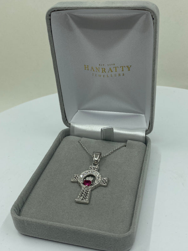 Ruby & CZ Stone Celtic Cross Necklace - Sterling Silver