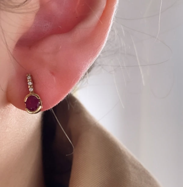 Diamond & Ruby Stone Drop Earrings - 9ct Yellow Gold