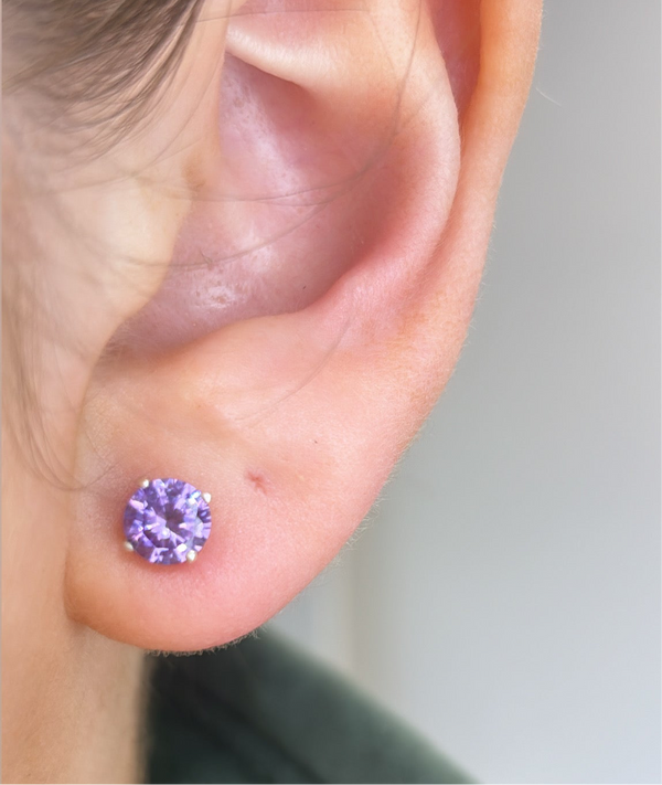 Amethyst CZ Cast Stud Earrings 6mm - Sterling Silver