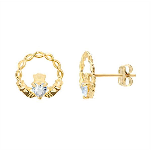 Claddagh CZ Stud Earrings - 9ct Yellow Gold