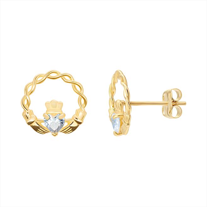 Claddagh CZ Stud Earrings - 9ct Yellow Gold