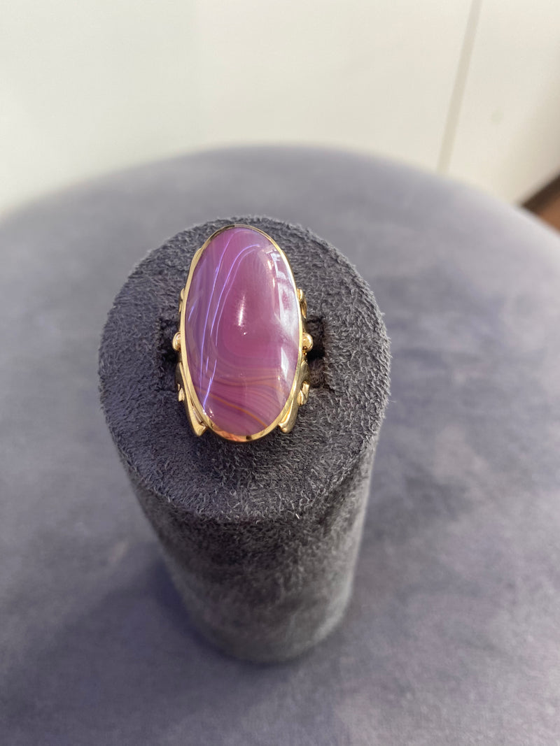Round Marble Effect Stone Ring - 9ct Yellow Gold