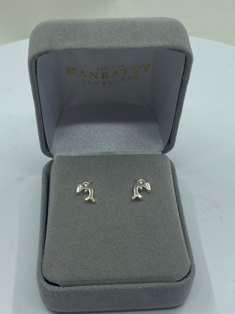 Cubic Zirconia Dolphin Stud Earrings - Sterling Silver