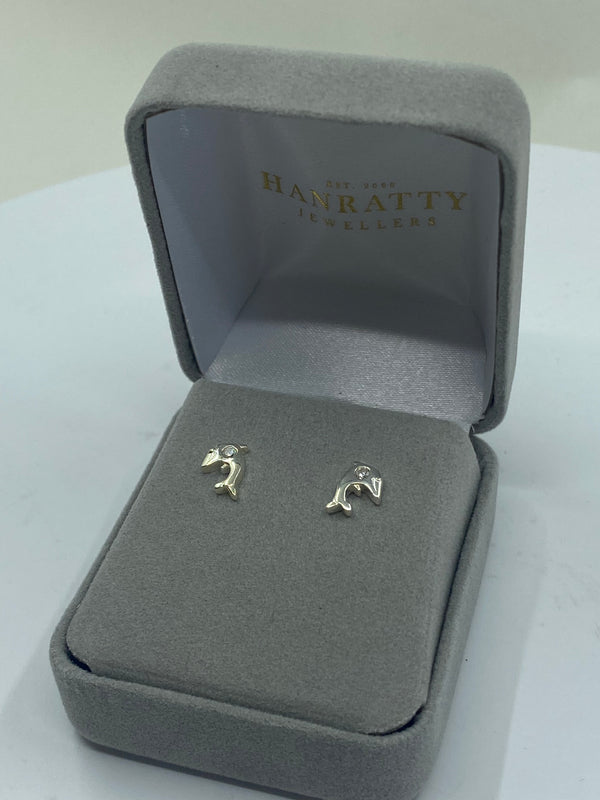 Cubic Zirconia Dolphin Stud Earrings - Sterling Silver