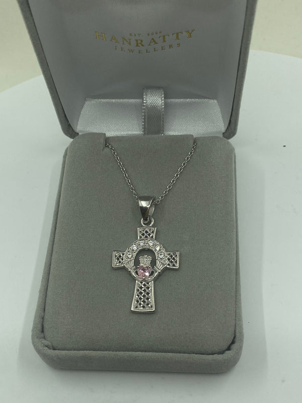 Pink CZ Celtic Cross Pendant - Sterling Silver