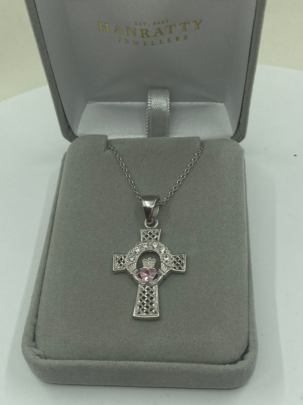 Pink CZ Celtic Cross Pendant - Sterling Silver