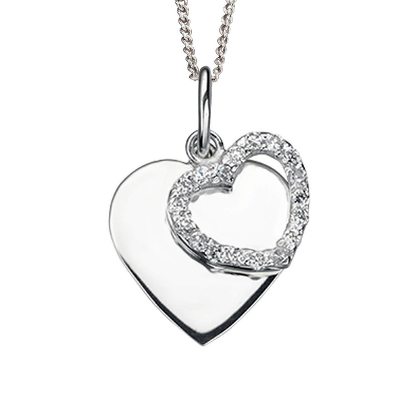 Double Heart Pendant with CZ Personalised Engraved Silver