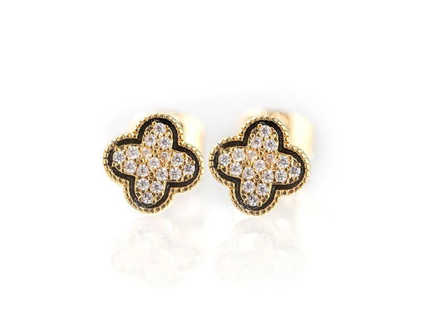 Newbridge Silverware Clover/Vancleef Earrings With Clear Stones - Gold Plated