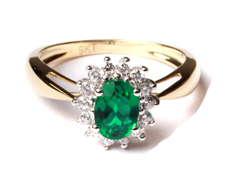 Emerald & Cubic Zirconia Stone Ring - 9ct Yellow Gold