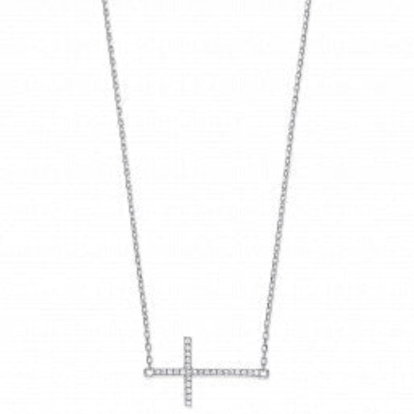 Cubic Zirconia Sideways Cross Necklace - Sterling Silver