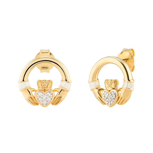 CZ Claddagh Stud Earrings - Sterling Silver Gold Plated