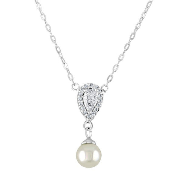 Teardrop Cubic Zirconia & Pearl Drop Necklace - Sterling Silver