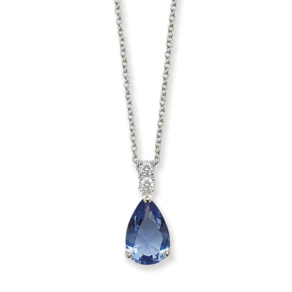 Blue CZ Tear Drop Necklace - Sterling Silver