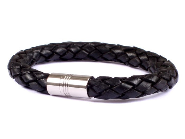 Black Leather Bracelet - Sterling Silver