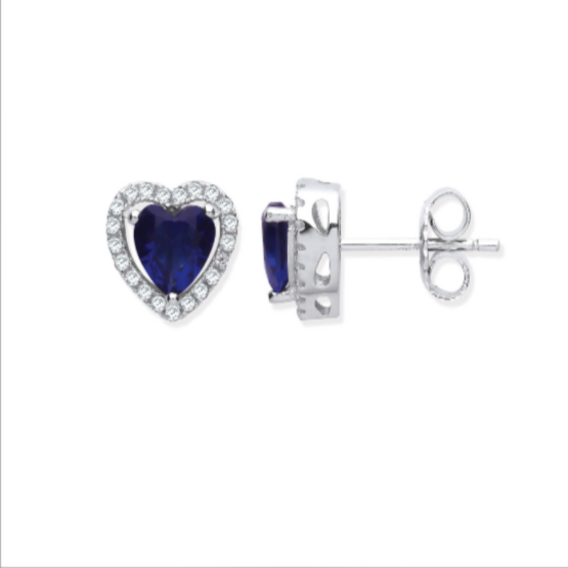 Silver Blue CZ Halo Heart Stud Earrings